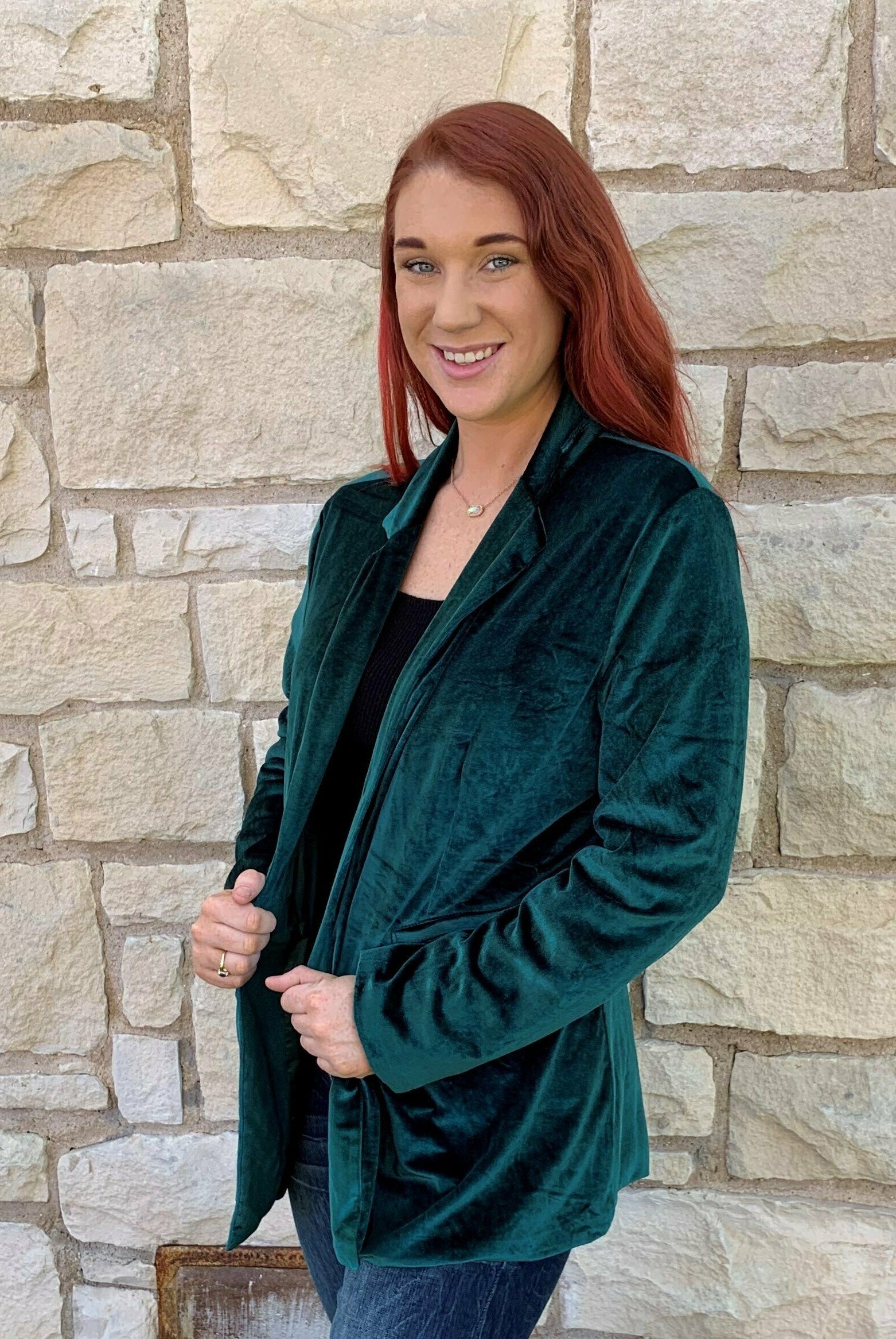 L And B Plus Dark Green Velvet Blazer-Curvy/Plus Outerwear-L And B-Deja Nu Boutique, Women's Fashion Boutique in Lampasas, Texas