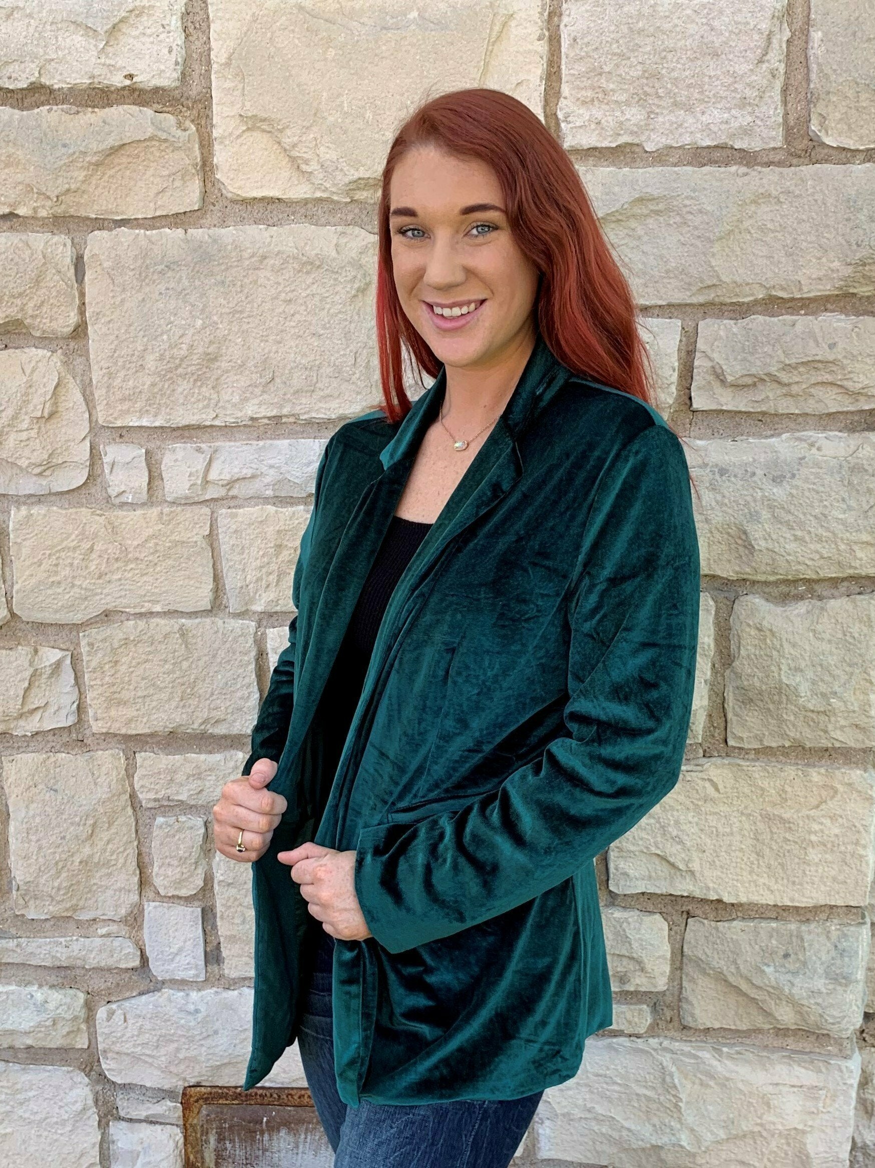 L And B Plus Dark Green Velvet Blazer-Curvy/Plus Outerwear-L And B-Deja Nu Boutique, Women's Fashion Boutique in Lampasas, Texas