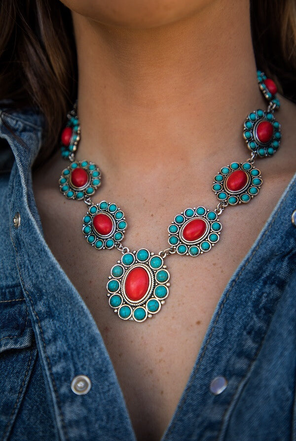 Turquoise & Red Stone Concho Dangle Earring-Earrings-L And B-Deja Nu Boutique, Women's Fashion Boutique in Lampasas, Texas