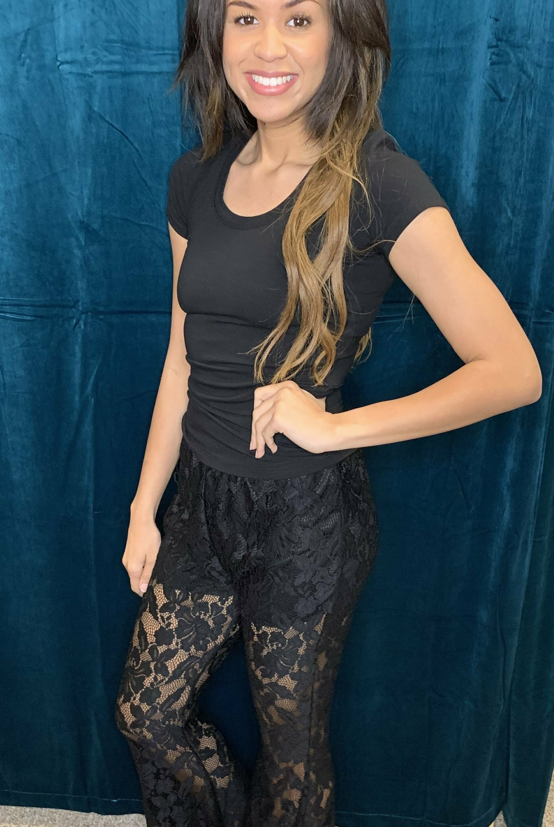 L And B Black Lace Bell Bottom Pants-Bottoms-L And B-Deja Nu Boutique, Women's Fashion Boutique in Lampasas, Texas