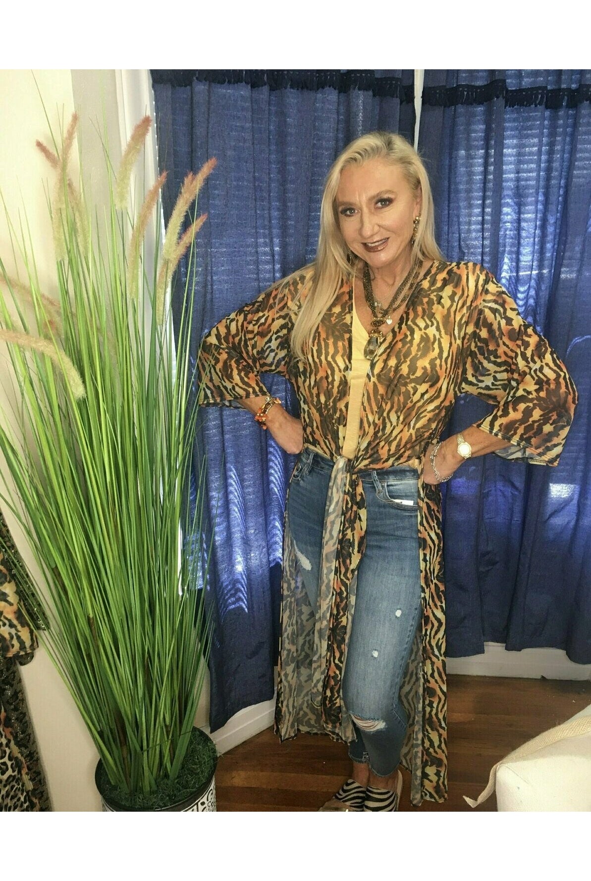 L And B Tiger Stripe Sheer Kimono-Cardigans & Kimonos-L And B-Deja Nu Boutique, Women's Fashion Boutique in Lampasas, Texas