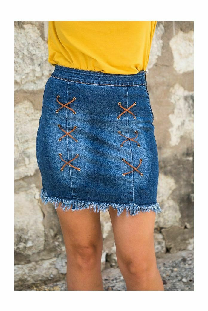 L and B Denim Skirt With Raw Hem-Skirts-L And B-Deja Nu Boutique, Women's Fashion Boutique in Lampasas, Texas