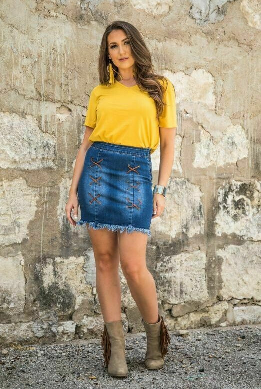 L and B Denim Skirt With Raw Hem-Skirts-L And B-Deja Nu Boutique, Women's Fashion Boutique in Lampasas, Texas