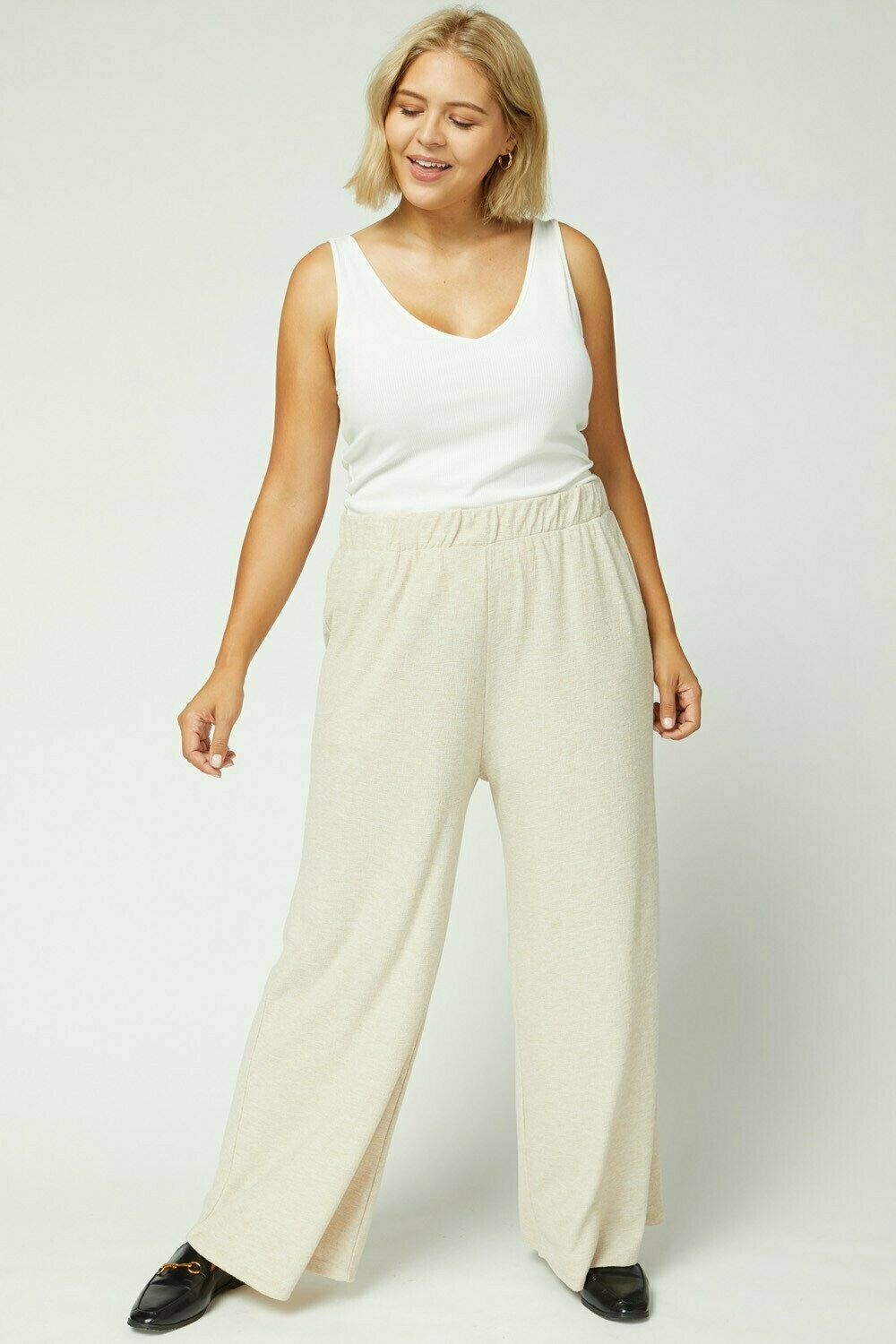 Entro Plus Wide Leg Pants In Oatmeal-Curvy/Plus Pants-Entro-Deja Nu Boutique, Women's Fashion Boutique in Lampasas, Texas