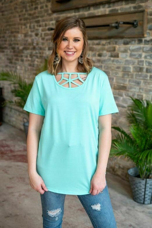 L And B Mint Caged Neck Tunic Top-Tunics-L And B-Deja Nu Boutique, Women's Fashion Boutique in Lampasas, Texas
