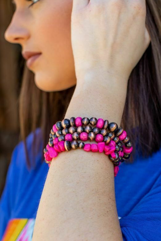 L And B Fuchsia Beaded Stone Bracelet-Bracelets-L And B-Deja Nu Boutique, Women's Fashion Boutique in Lampasas, Texas