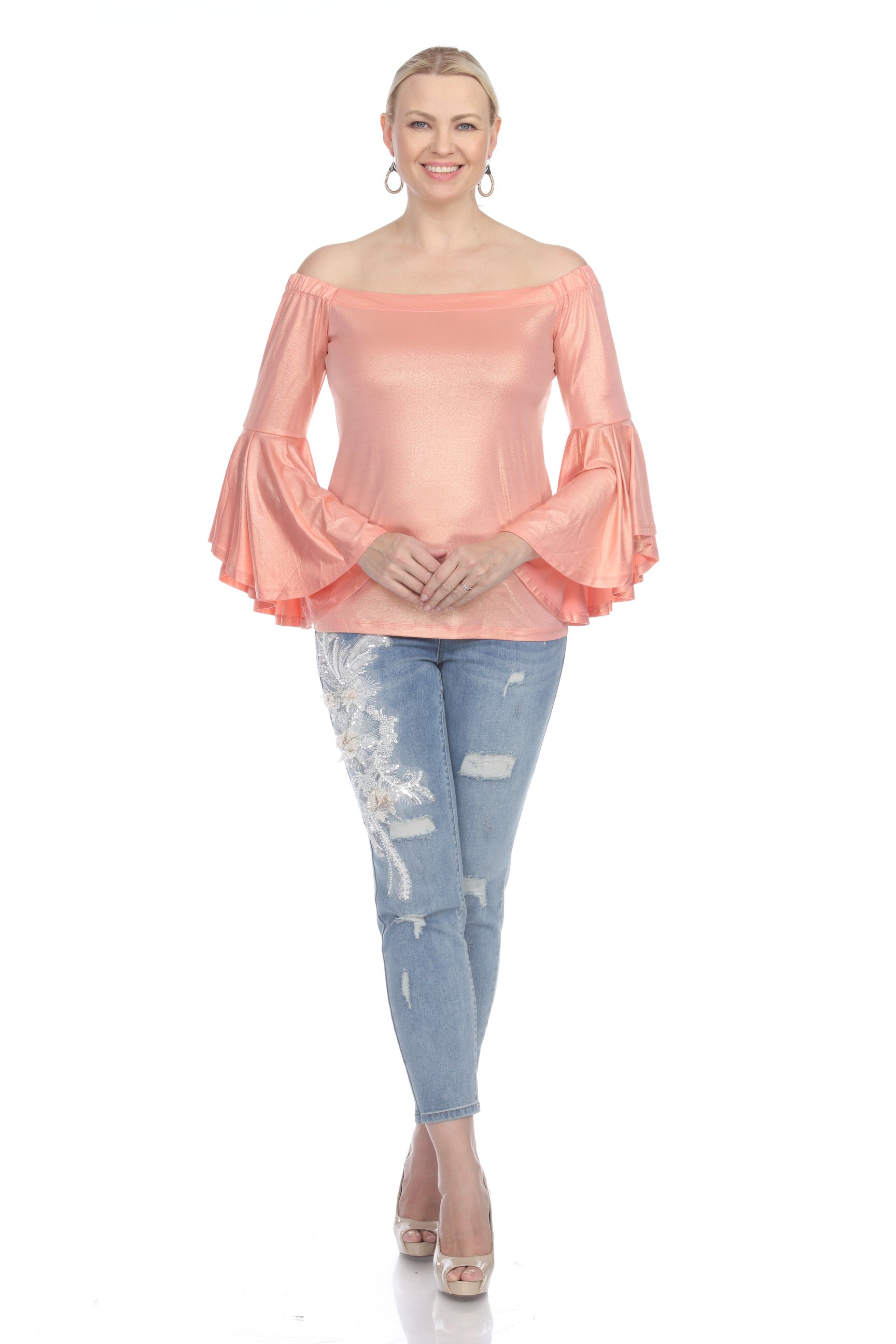 AZI Coral Shimmer Off The Shoulder Top-Tops-AZI-Deja Nu Boutique, Women's Fashion Boutique in Lampasas, Texas