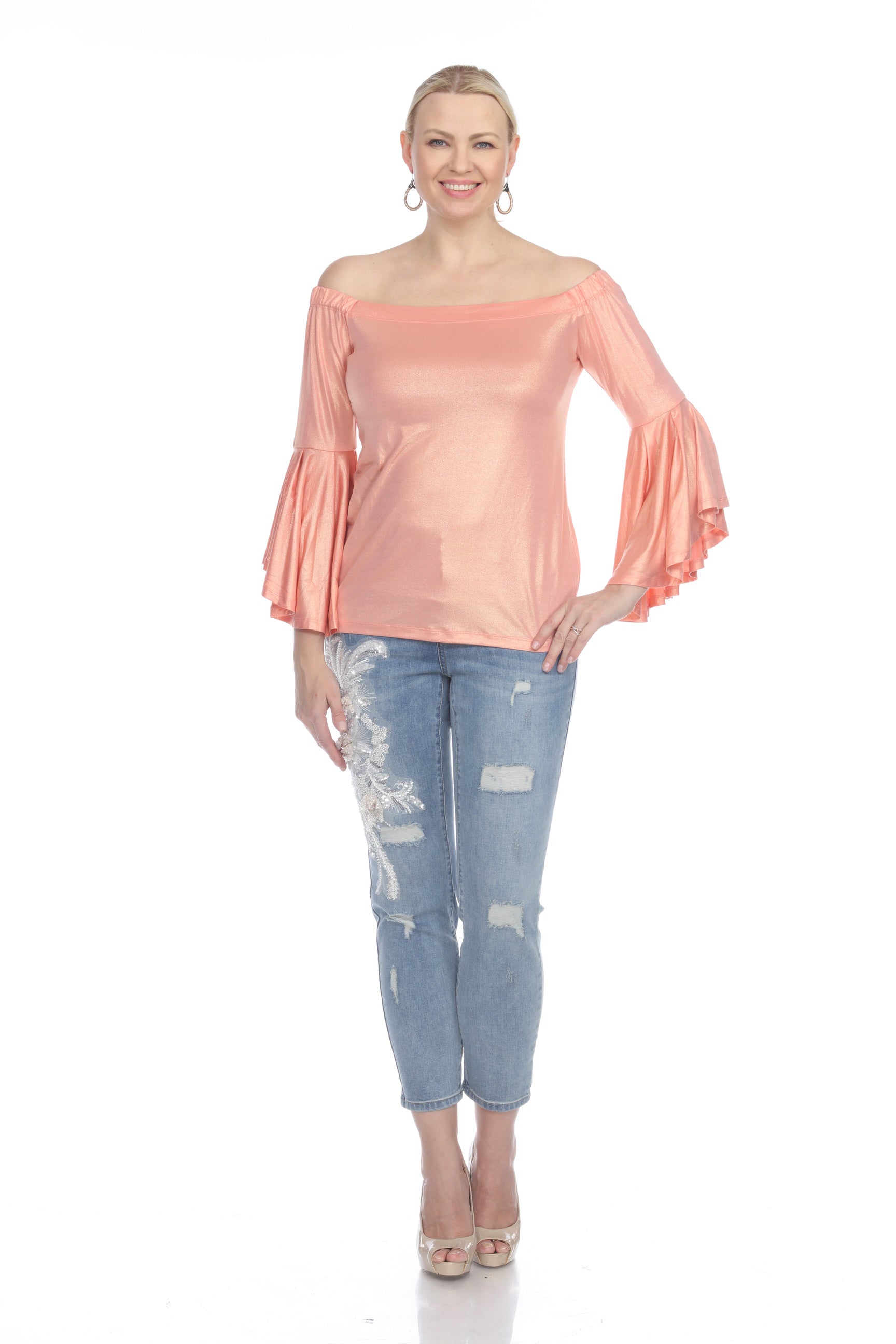 AZI Coral Shimmer Off The Shoulder Top-Tops-AZI-Deja Nu Boutique, Women's Fashion Boutique in Lampasas, Texas