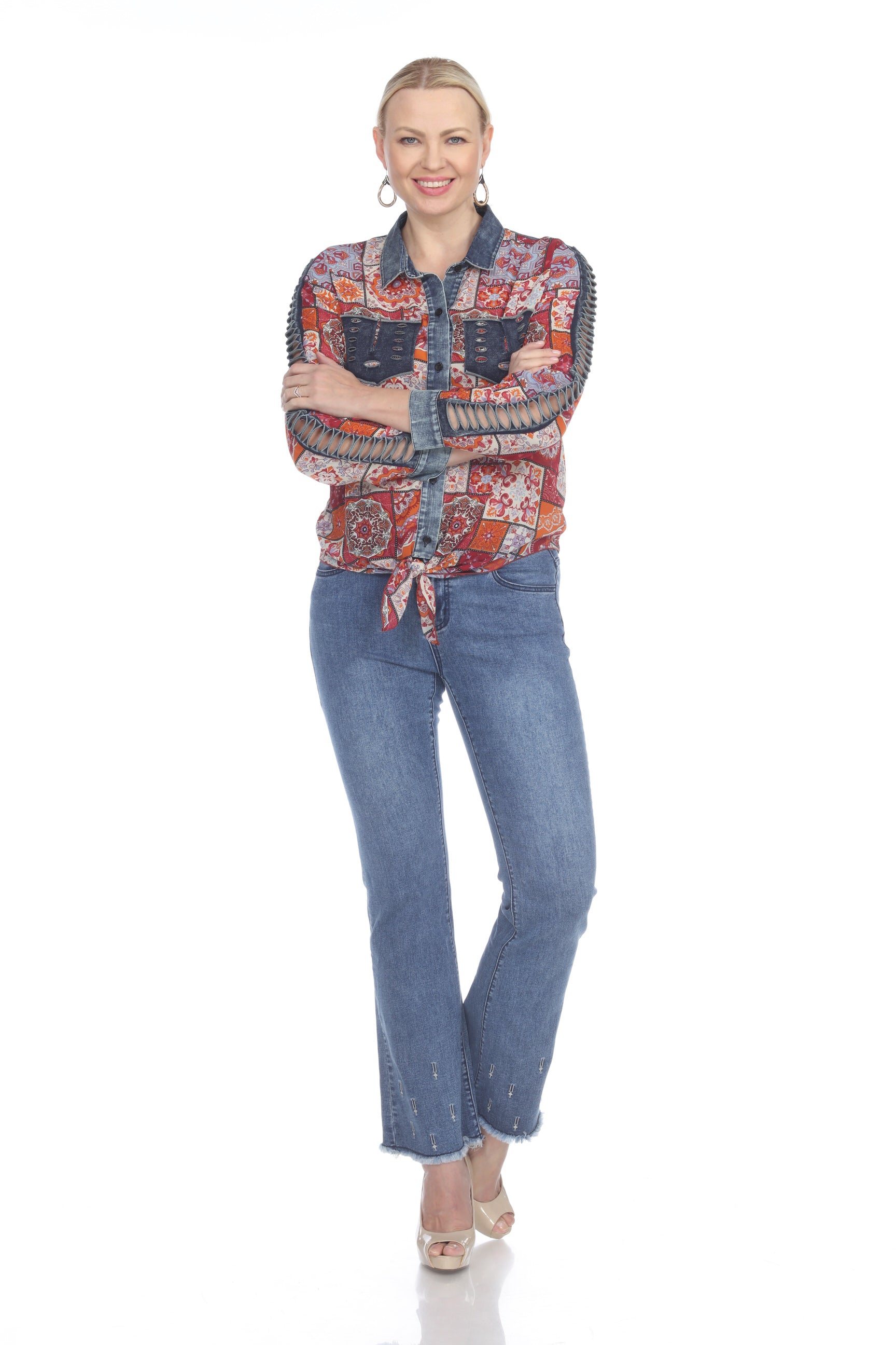 AZI Red Multi Colored Tie Front Denim Chiffon Blouse With Lattice Sleeve-Tops-AZI-Deja Nu Boutique, Women's Fashion Boutique in Lampasas, Texas
