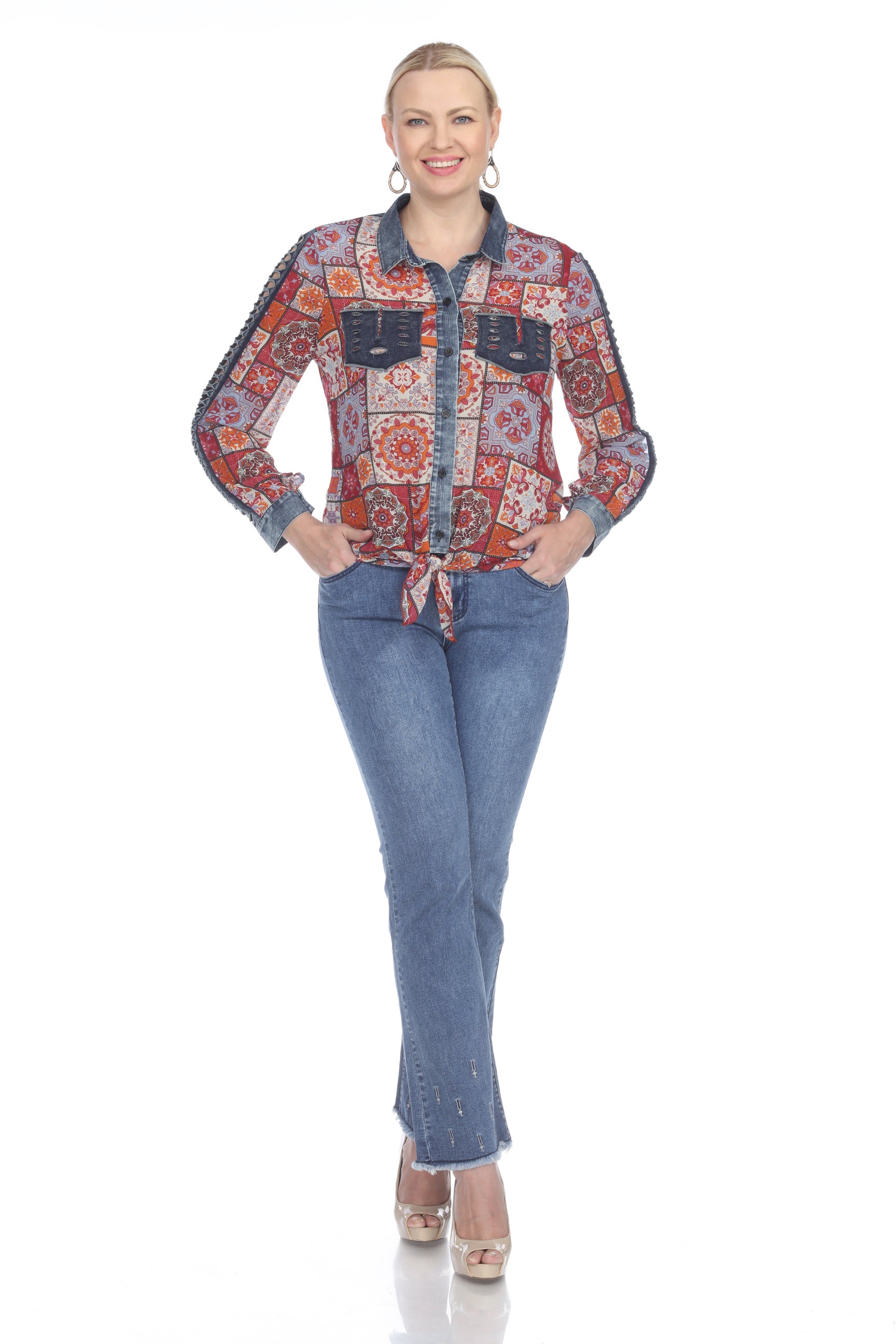 AZI Red Multi Colored Tie Front Denim Chiffon Blouse With Lattice Sleeve-Tops-AZI-Deja Nu Boutique, Women's Fashion Boutique in Lampasas, Texas