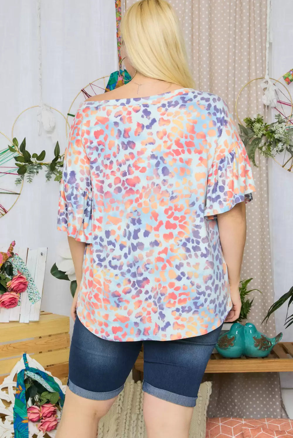 Adora Blue Leopard Boat Neck Top With Ruffle Sleeve -Plus-Curvy/Plus Tops-Adora-Deja Nu Boutique, Women's Fashion Boutique in Lampasas, Texas