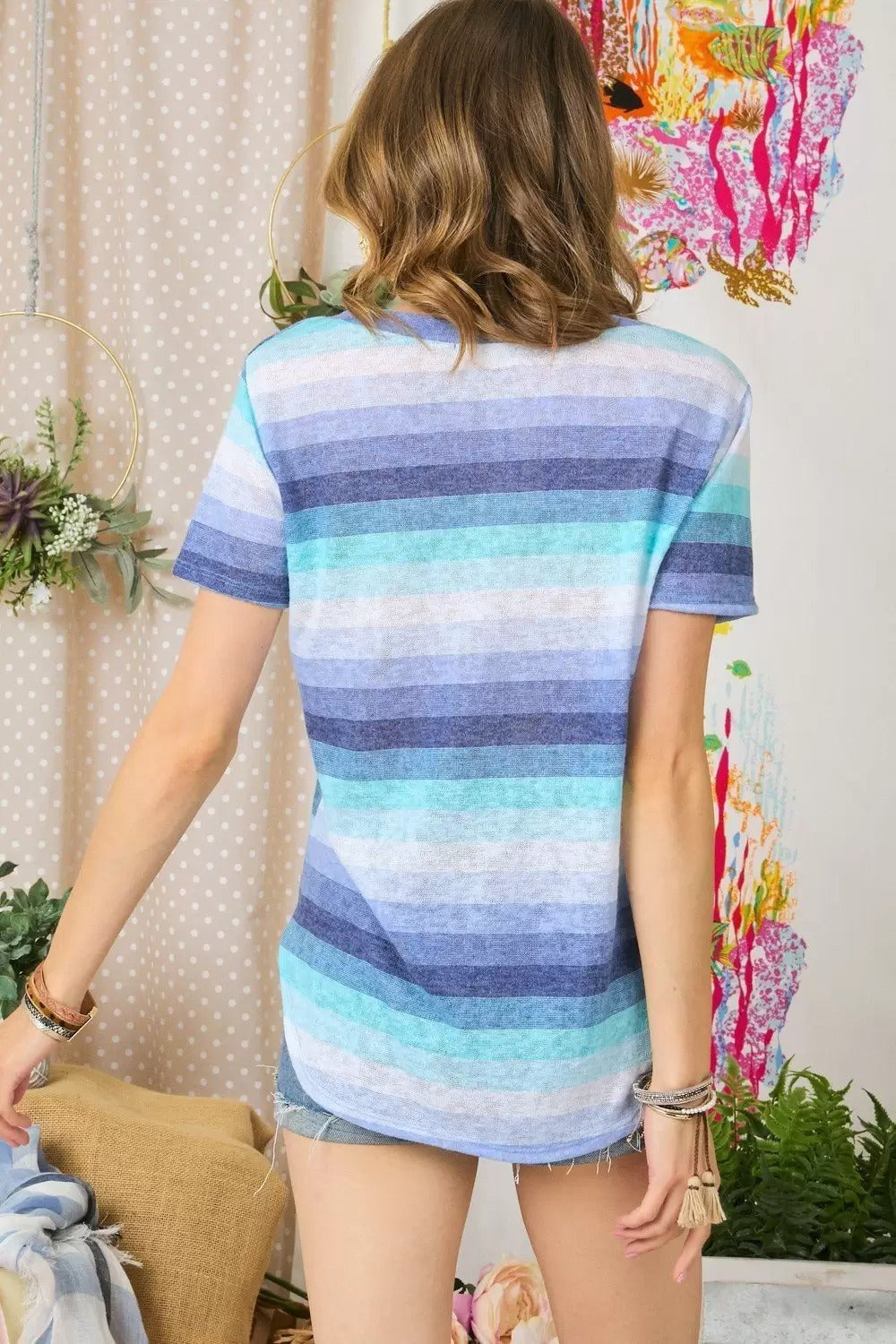 Adora Blue Multi Color Ombre Stripe Short Sleeve Top-Short Sleeves-Adora-Deja Nu Boutique, Women's Fashion Boutique in Lampasas, Texas