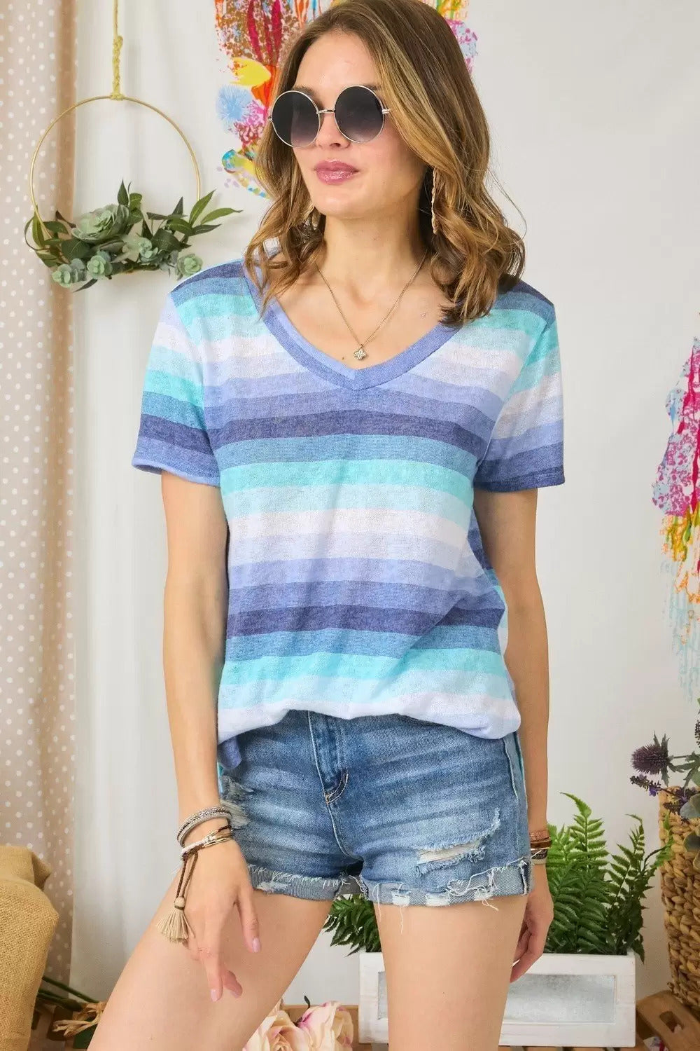 Adora Blue Multi Color Ombre Stripe Short Sleeve Top-Short Sleeves-Adora-Deja Nu Boutique, Women's Fashion Boutique in Lampasas, Texas