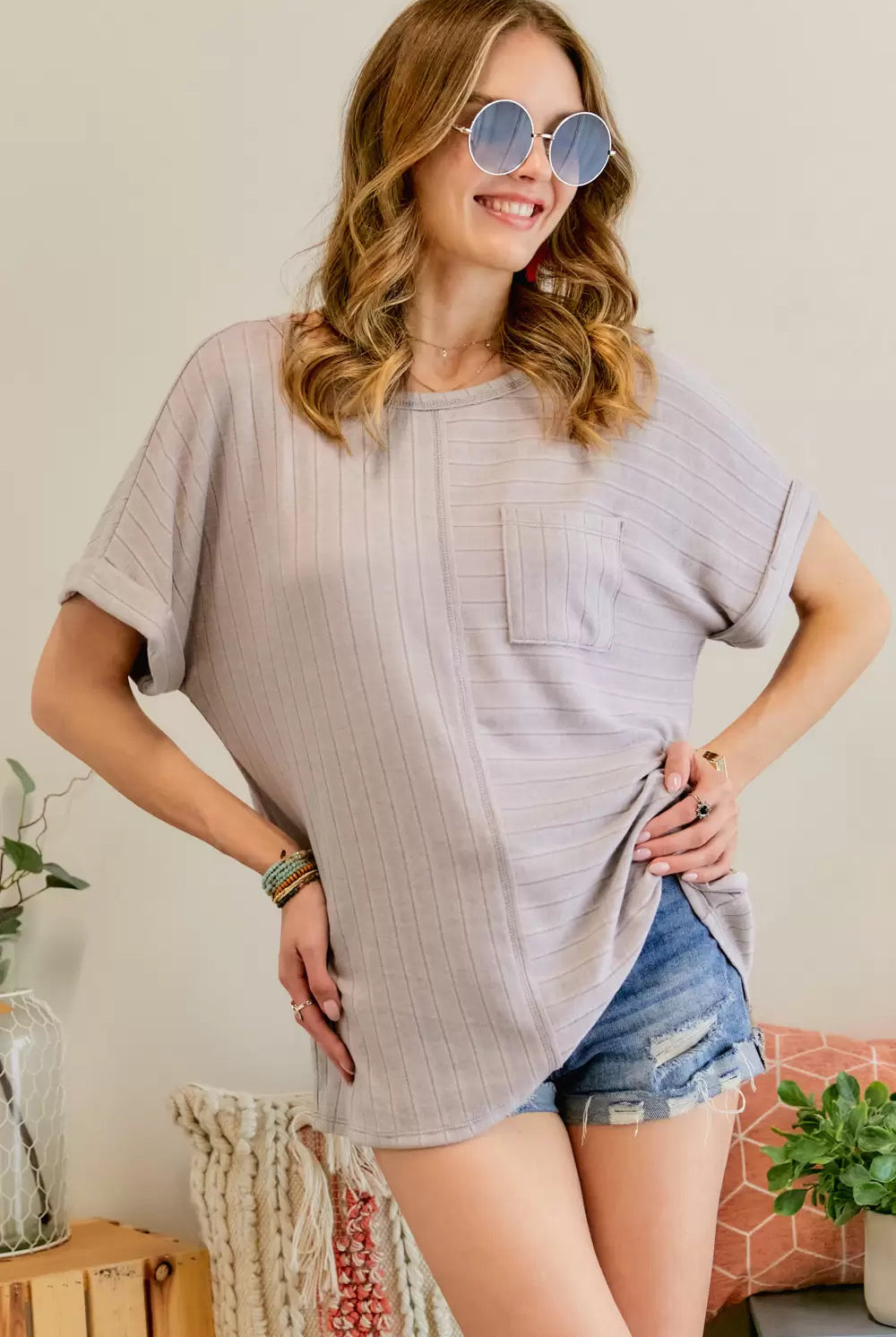 Adora Boat Neck Short Sleeve Loose Fit Top In Lavender-Short Sleeves-Adora-Deja Nu Boutique, Women's Fashion Boutique in Lampasas, Texas