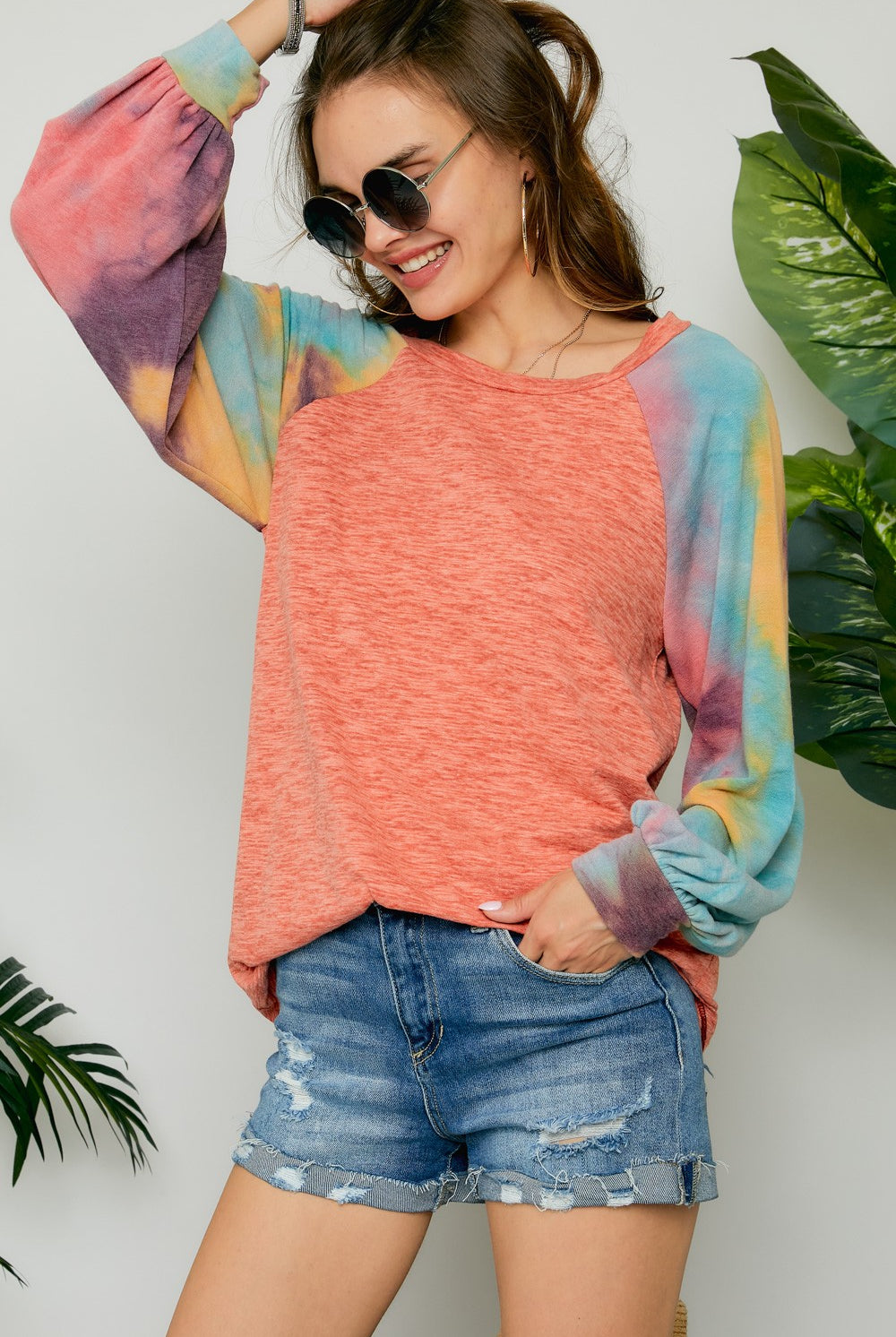 Adora Coral Raglan Sleeve Tie Dye Tunic-Tunics-Adora-Deja Nu Boutique, Women's Fashion Boutique in Lampasas, Texas