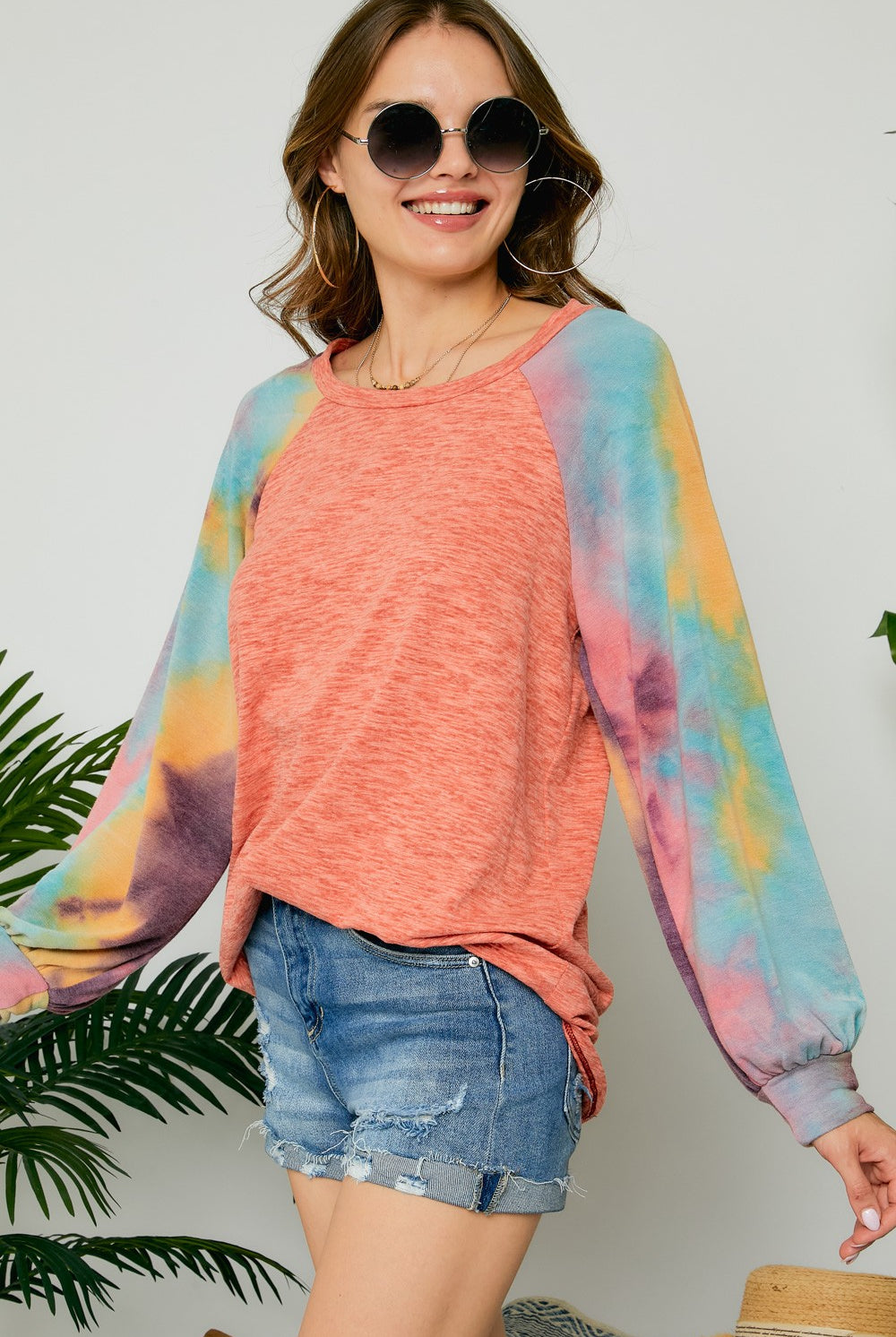 Adora Coral Raglan Sleeve Tie Dye Tunic-Tunics-Adora-Deja Nu Boutique, Women's Fashion Boutique in Lampasas, Texas