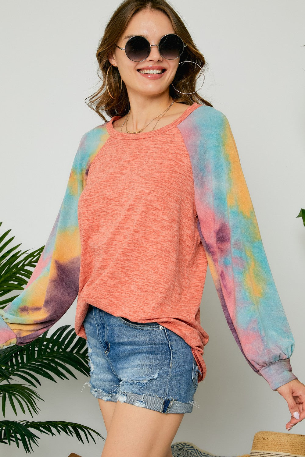 Adora Coral Raglan Sleeve Tie Dye Tunic-Tunics-Adora-Deja Nu Boutique, Women's Fashion Boutique in Lampasas, Texas