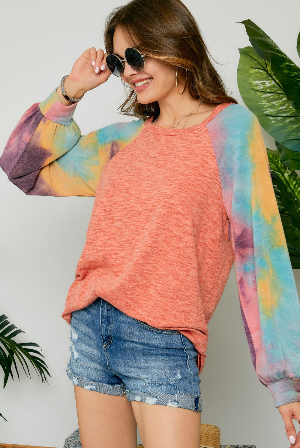 Adora Coral Raglan Sleeve Tie Dye Tunic-Tunics-Adora-Deja Nu Boutique, Women's Fashion Boutique in Lampasas, Texas