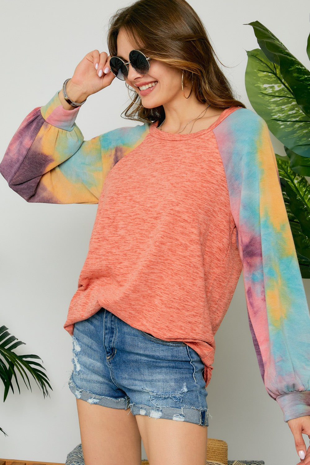 Adora Coral Raglan Sleeve Tie Dye Tunic-Tunics-Adora-Deja Nu Boutique, Women's Fashion Boutique in Lampasas, Texas