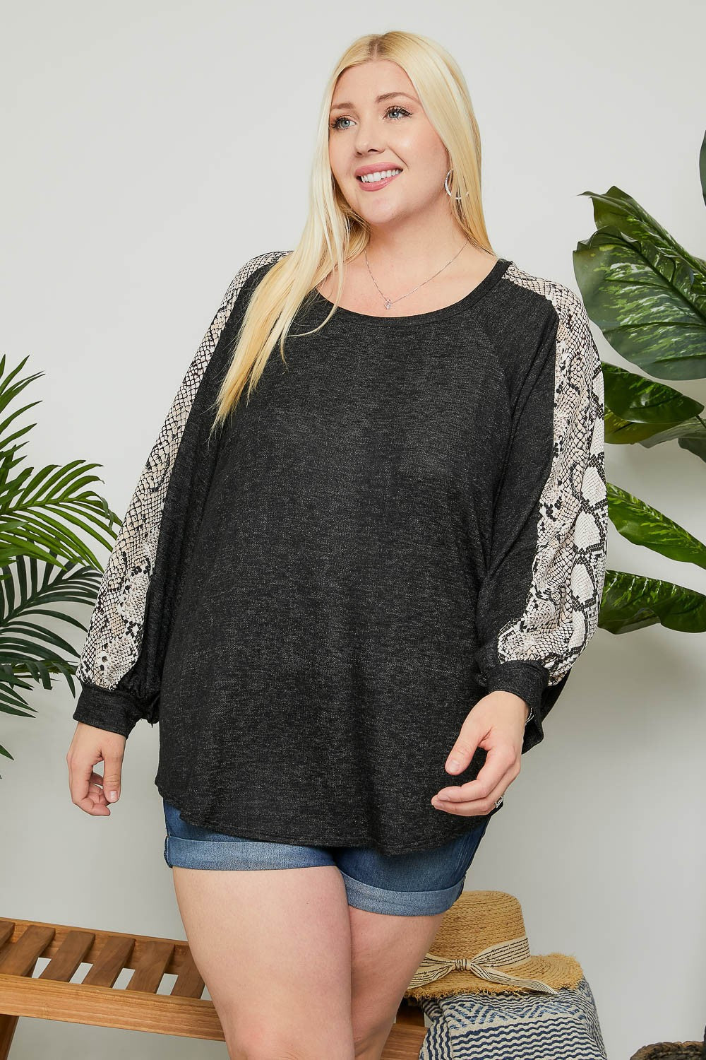 Adora Dark Grey Snakeskin Long Sleeve Plus Top-Curvy/Plus Tops-Adora-Deja Nu Boutique, Women's Fashion Boutique in Lampasas, Texas
