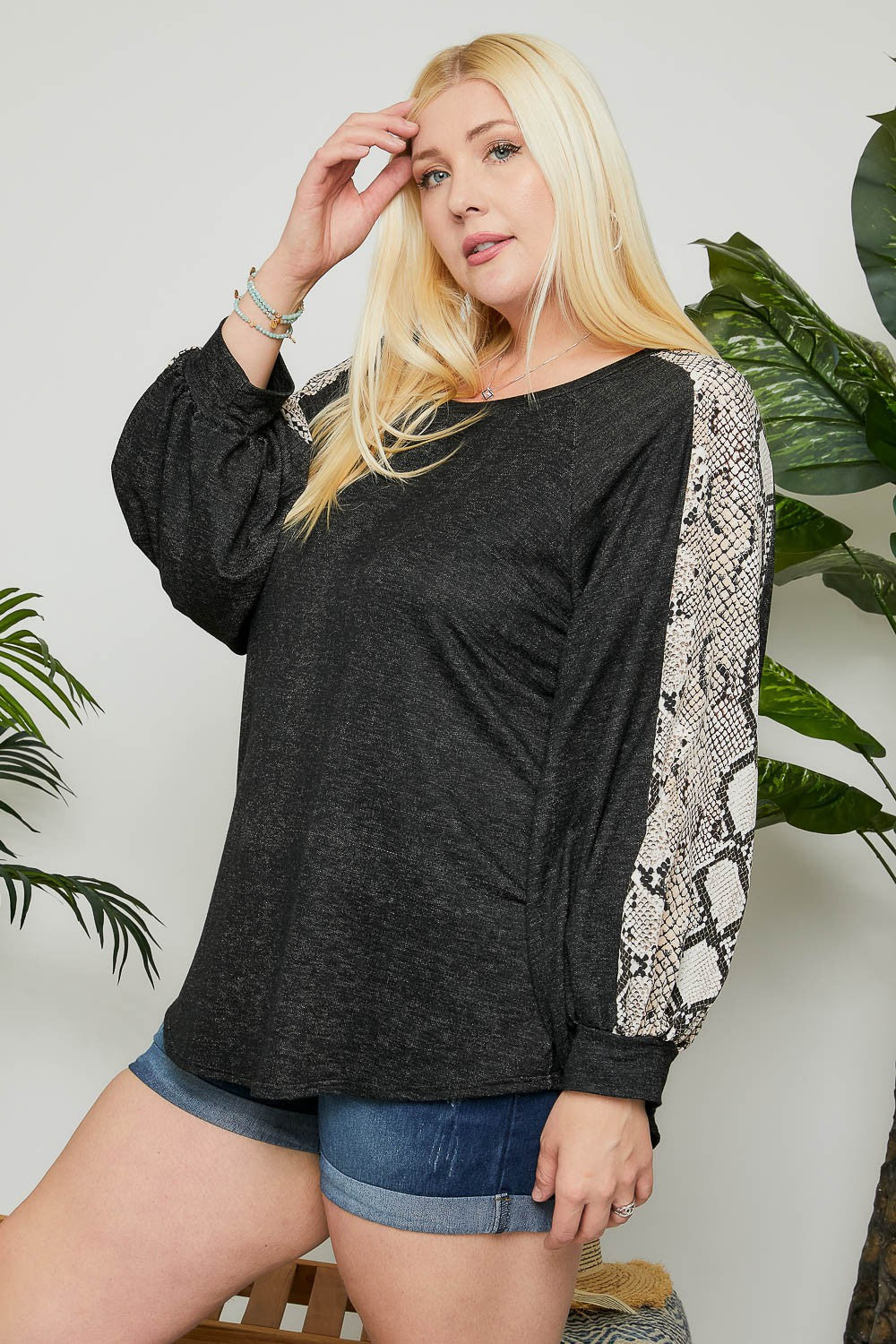 Adora Dark Grey Snakeskin Long Sleeve Plus Top-Curvy/Plus Tops-Adora-Deja Nu Boutique, Women's Fashion Boutique in Lampasas, Texas