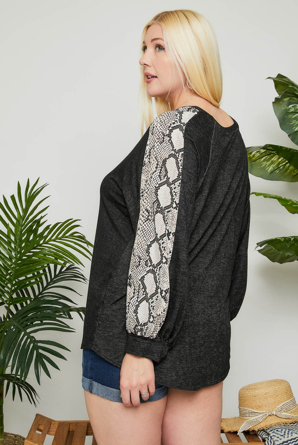 Adora Dark Grey Snakeskin Long Sleeve Plus Top-Curvy/Plus Tops-Adora-Deja Nu Boutique, Women's Fashion Boutique in Lampasas, Texas