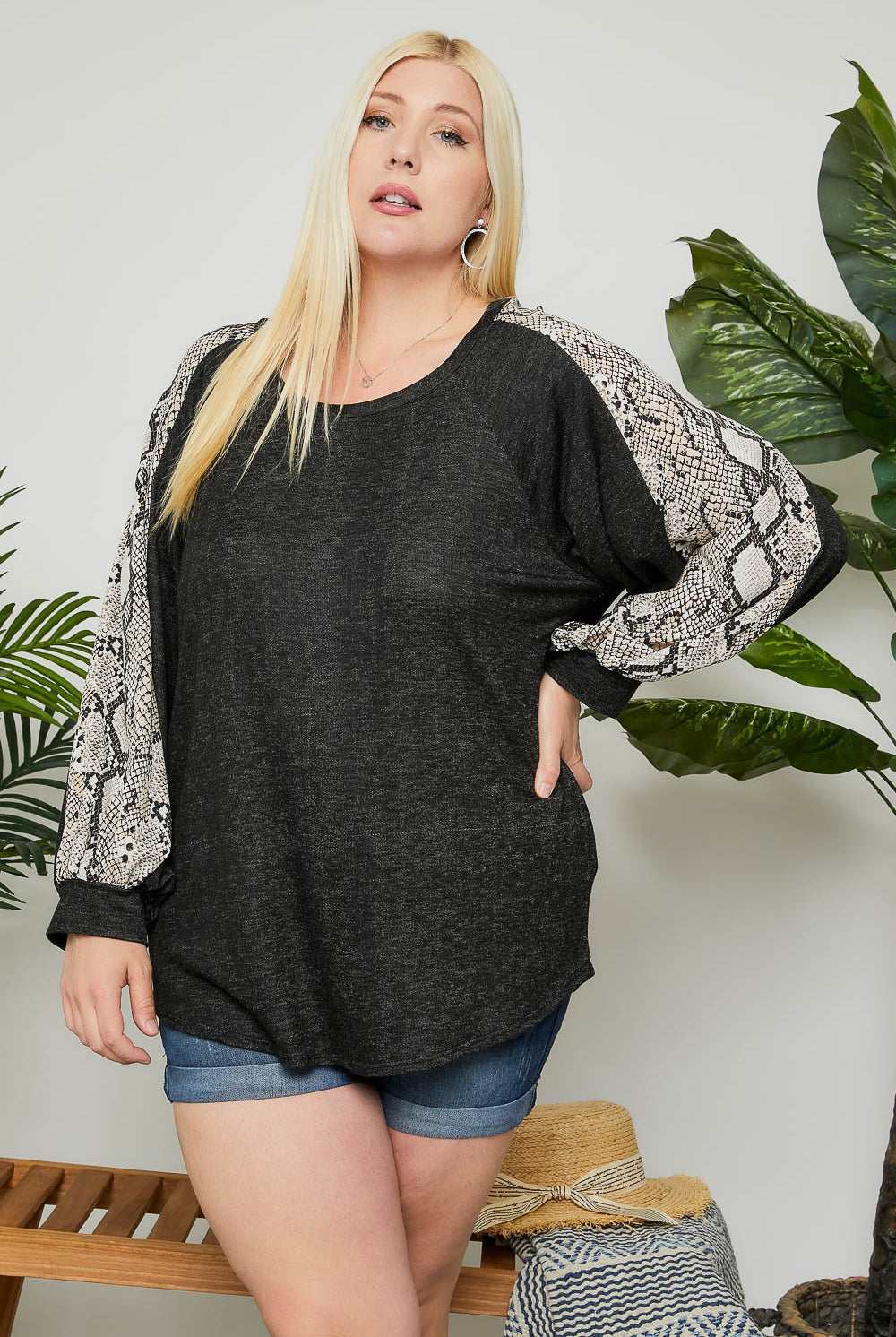 Adora Dark Grey Snakeskin Long Sleeve Plus Top-Curvy/Plus Tops-Adora-Deja Nu Boutique, Women's Fashion Boutique in Lampasas, Texas