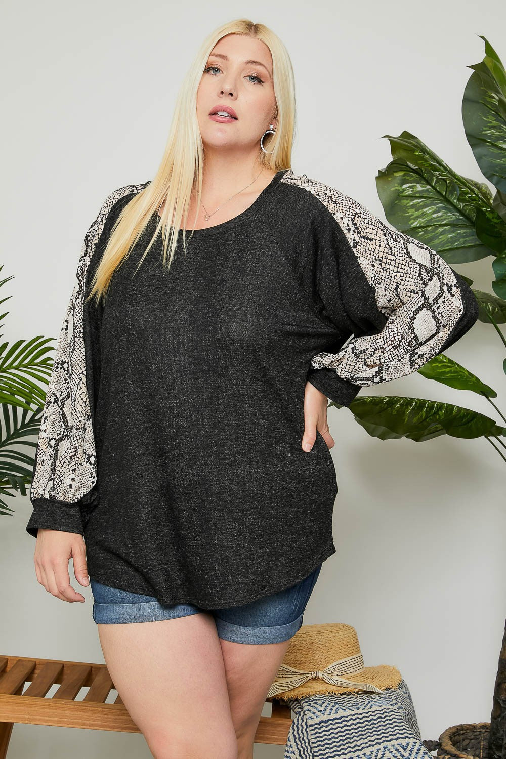 Adora Dark Grey Snakeskin Long Sleeve Plus Top-Curvy/Plus Tops-Adora-Deja Nu Boutique, Women's Fashion Boutique in Lampasas, Texas