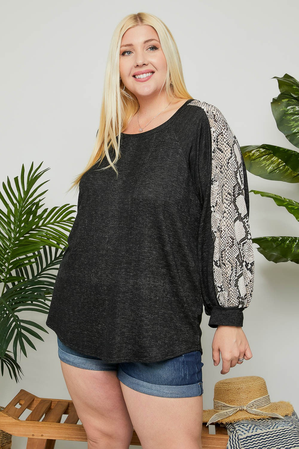 Adora Dark Grey Snakeskin Long Sleeve Plus Top-Curvy/Plus Tops-Adora-Deja Nu Boutique, Women's Fashion Boutique in Lampasas, Texas