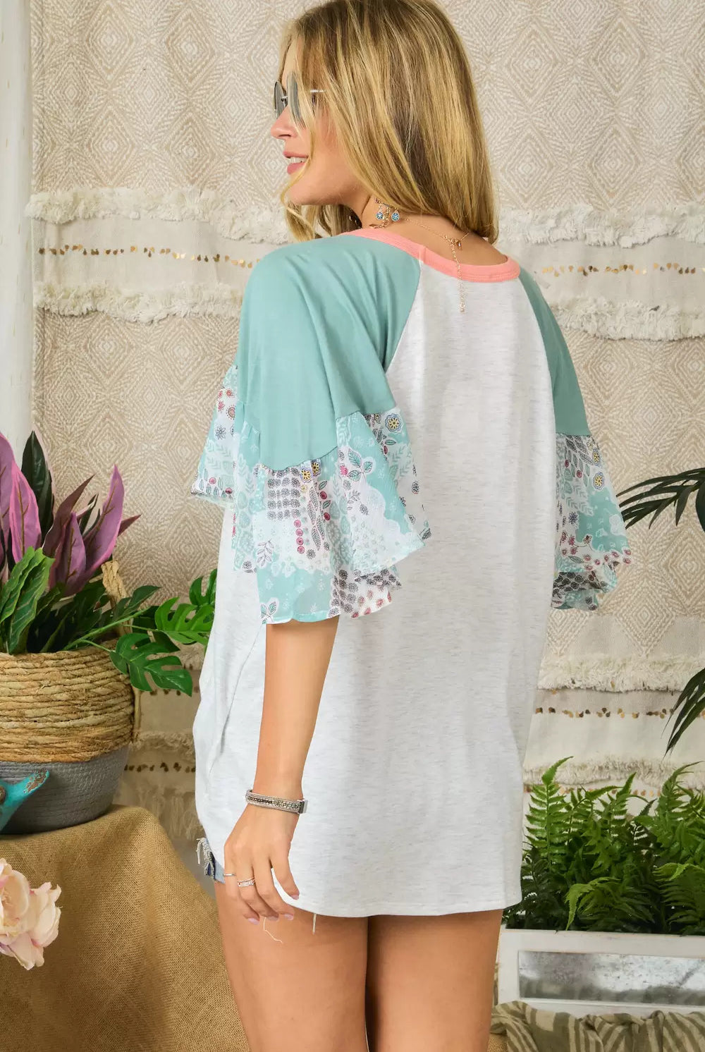 Adora Deep Sage Patchwork Flared Sleeve Top-Short Sleeves-Adora-Deja Nu Boutique, Women's Fashion Boutique in Lampasas, Texas