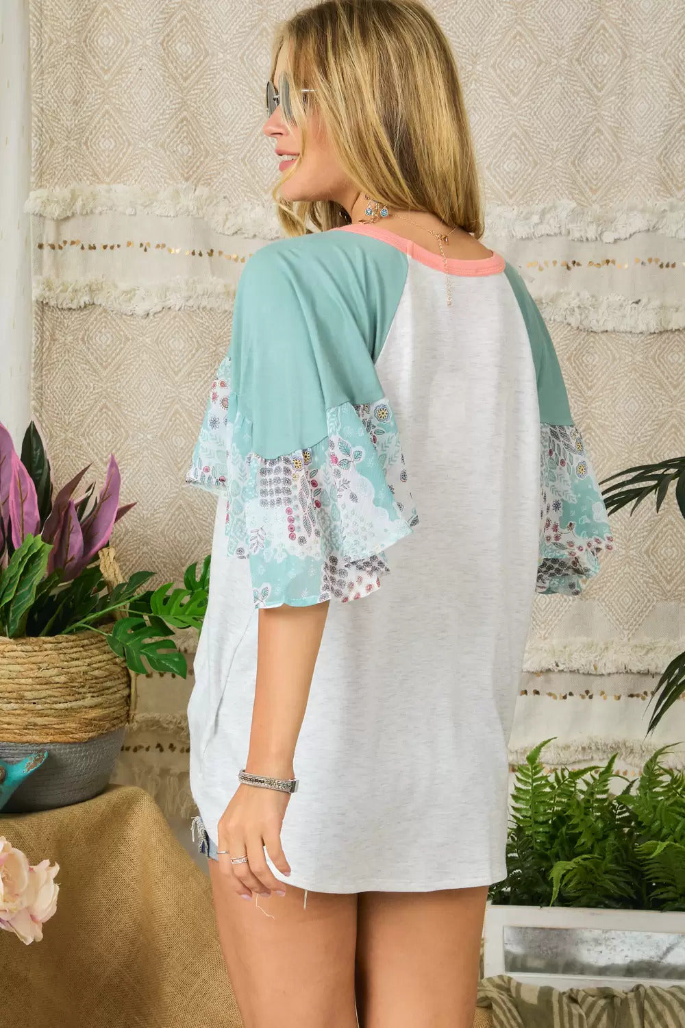 Adora Deep Sage Patchwork Flared Sleeve Top-Short Sleeves-Adora-Deja Nu Boutique, Women's Fashion Boutique in Lampasas, Texas