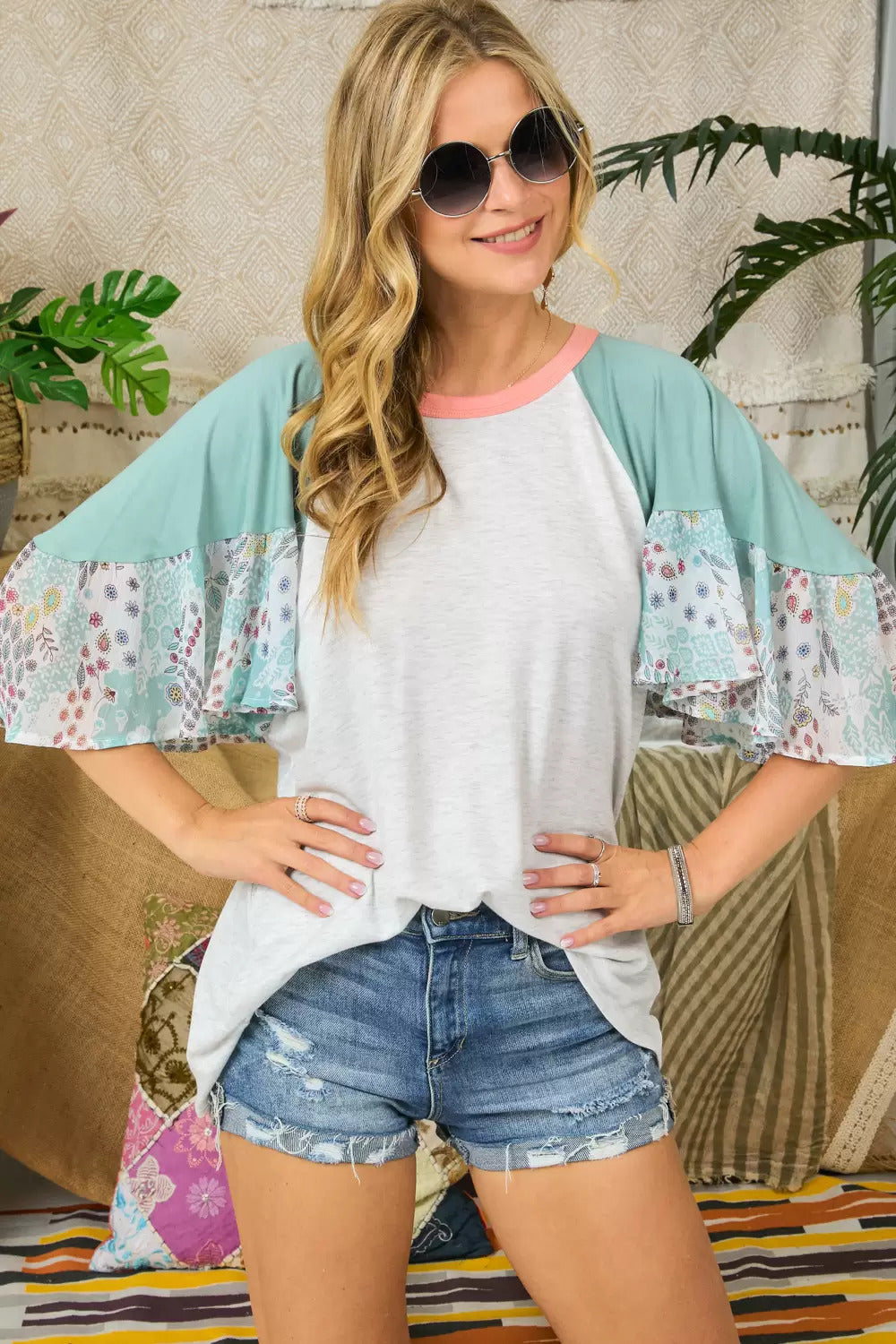 Adora Deep Sage Patchwork Flared Sleeve Top-Short Sleeves-Adora-Deja Nu Boutique, Women's Fashion Boutique in Lampasas, Texas
