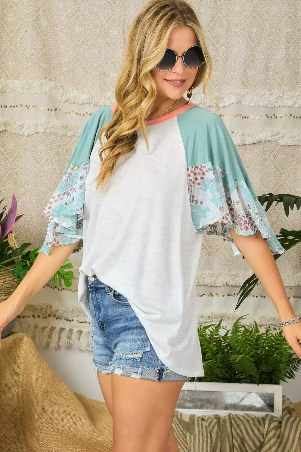 Adora Deep Sage Patchwork Flared Sleeve Top-Short Sleeves-Adora-Deja Nu Boutique, Women's Fashion Boutique in Lampasas, Texas