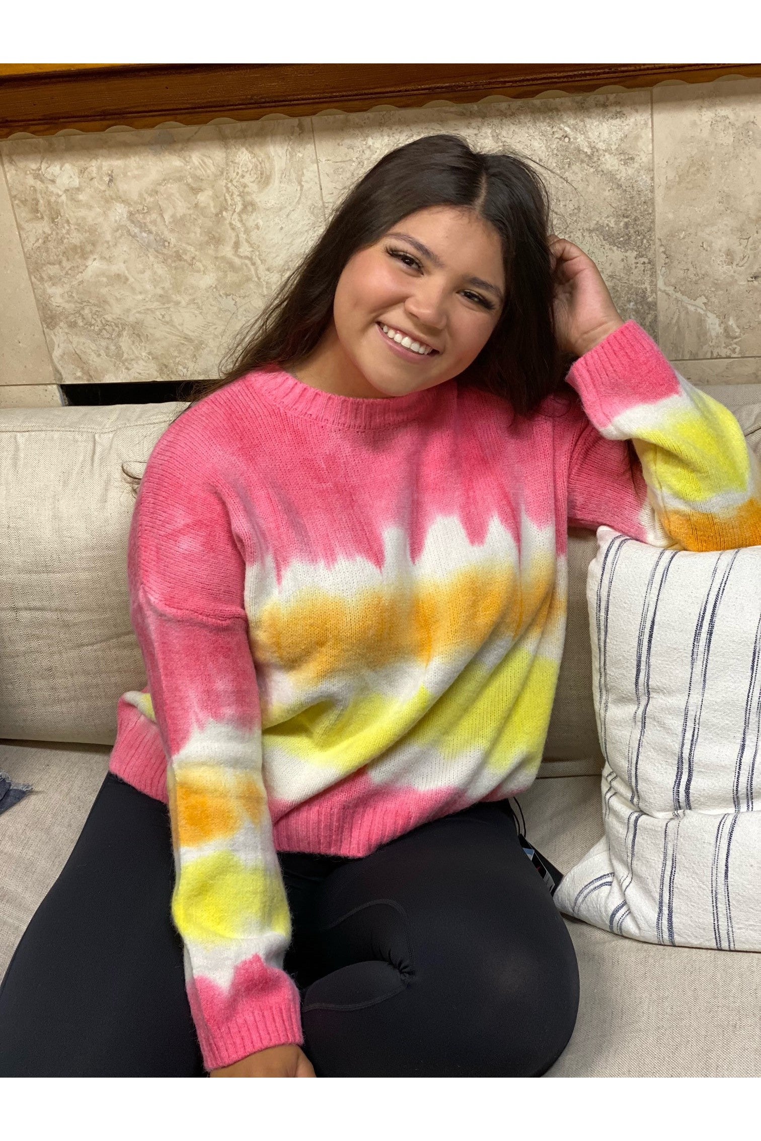Adora Hot Pink Multi Colored Tie Dye Sweater-Sweaters-Adora-Deja Nu Boutique, Women's Fashion Boutique in Lampasas, Texas