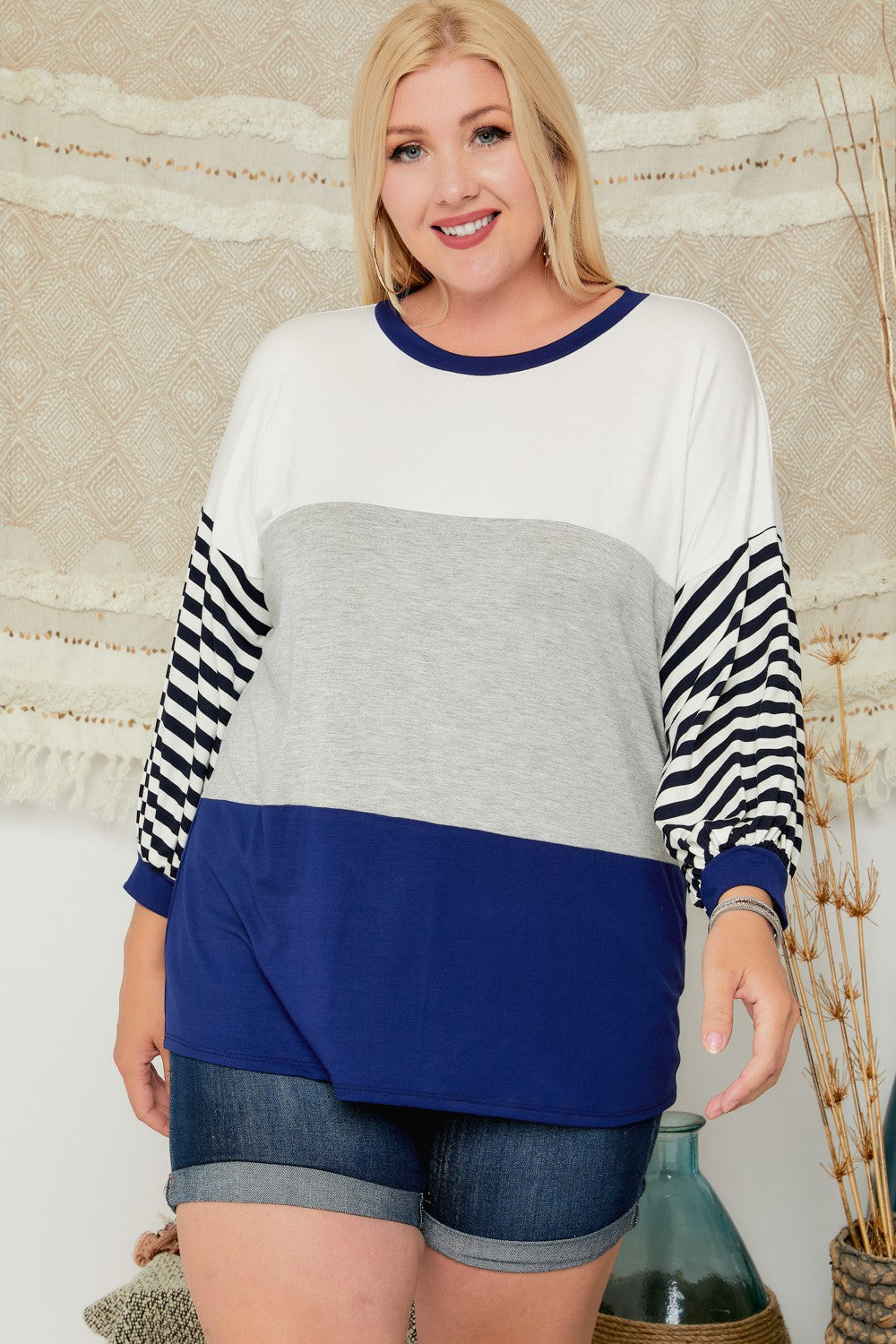 Adora Navy And Grey Colorblock Jersey Plus Top-Curvy/Plus Tops-Adora-Deja Nu Boutique, Women's Fashion Boutique in Lampasas, Texas