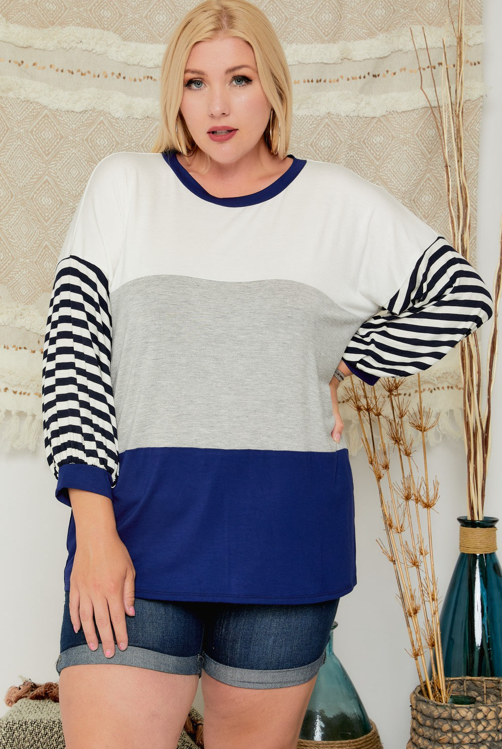 Adora Navy And Grey Colorblock Jersey Plus Top-Curvy/Plus Tops-Adora-Deja Nu Boutique, Women's Fashion Boutique in Lampasas, Texas