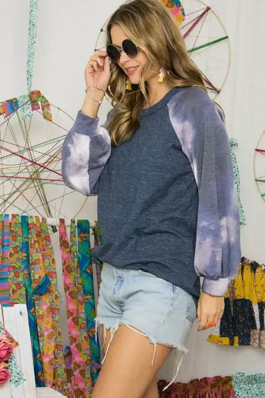 Adora Navy Tie Dye Raglan Sleeve Top-Long Sleeves-Adora-Deja Nu Boutique, Women's Fashion Boutique in Lampasas, Texas