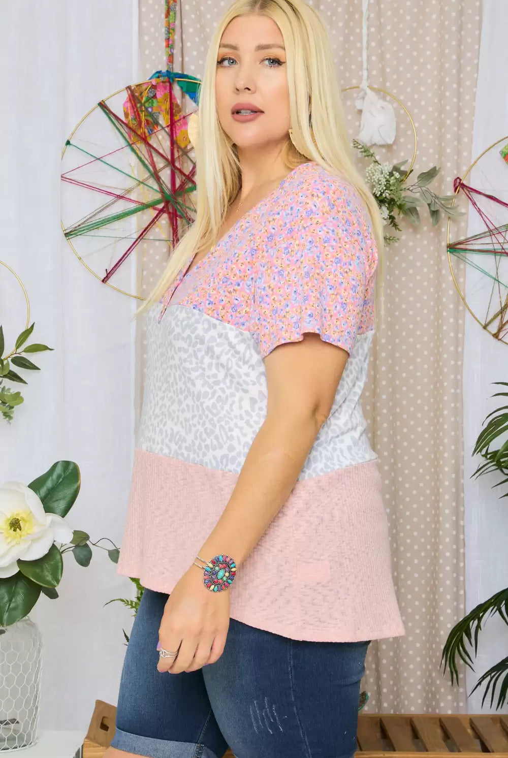 Adora Peach Floral And Leopard Color Block Top - Plus-Curvy/Plus Tops-Adora-Deja Nu Boutique, Women's Fashion Boutique in Lampasas, Texas