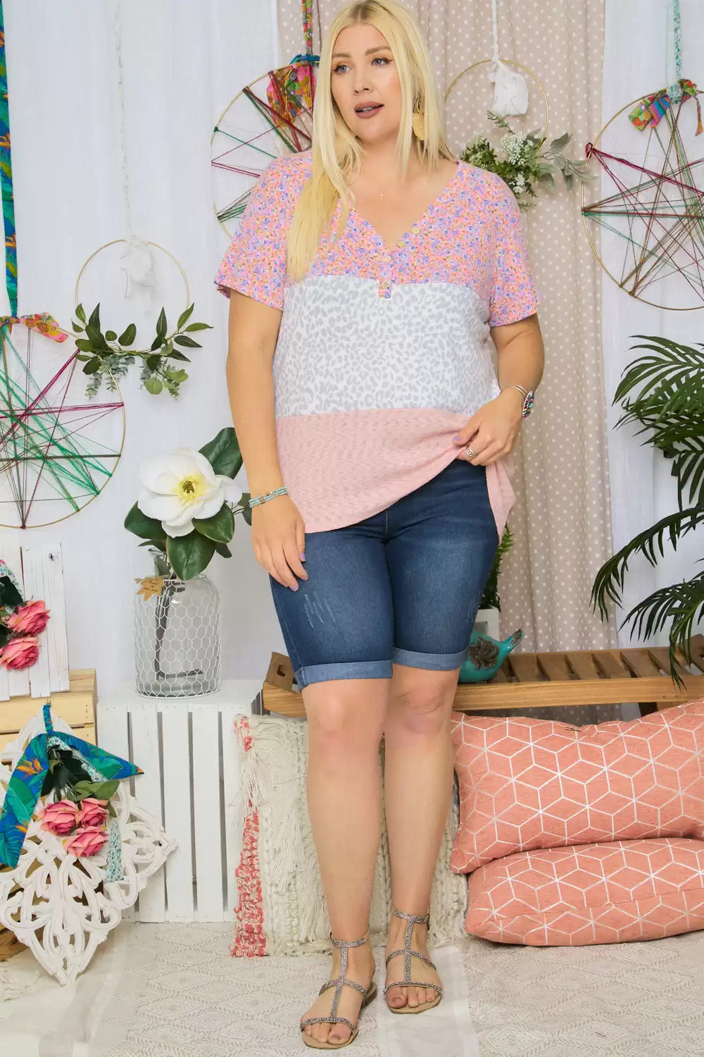 Adora Peach Floral And Leopard Color Block Top - Plus-Curvy/Plus Tops-Adora-Deja Nu Boutique, Women's Fashion Boutique in Lampasas, Texas