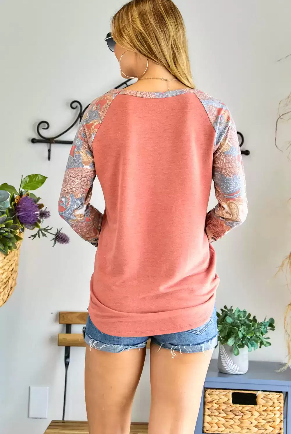 Adora Rust Multi Round Neck Color Block Sleeve Fitted Top-Tops-Adora-Deja Nu Boutique, Women's Fashion Boutique in Lampasas, Texas