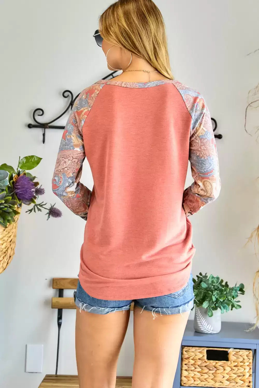 Adora Rust Multi Round Neck Color Block Sleeve Fitted Top-Tops-Adora-Deja Nu Boutique, Women's Fashion Boutique in Lampasas, Texas