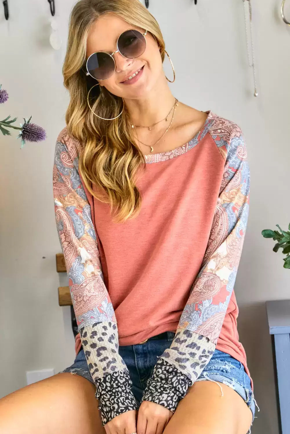 Adora Rust Multi Round Neck Color Block Sleeve Fitted Top-Tops-Adora-Deja Nu Boutique, Women's Fashion Boutique in Lampasas, Texas