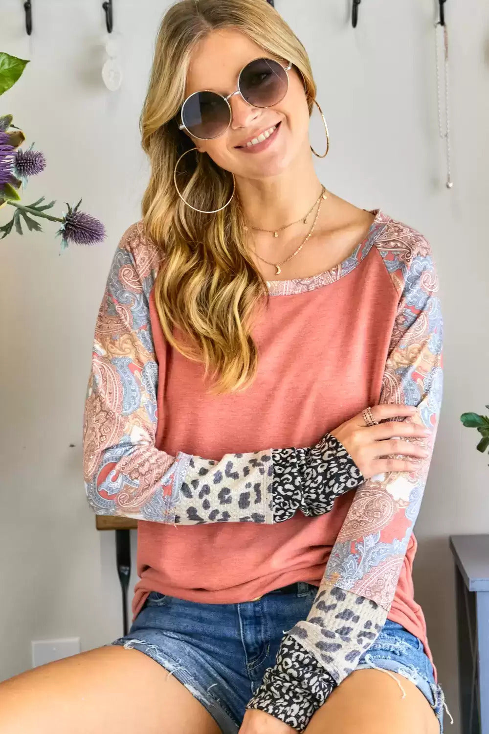 Adora Rust Multi Round Neck Color Block Sleeve Fitted Top-Tops-Adora-Deja Nu Boutique, Women's Fashion Boutique in Lampasas, Texas