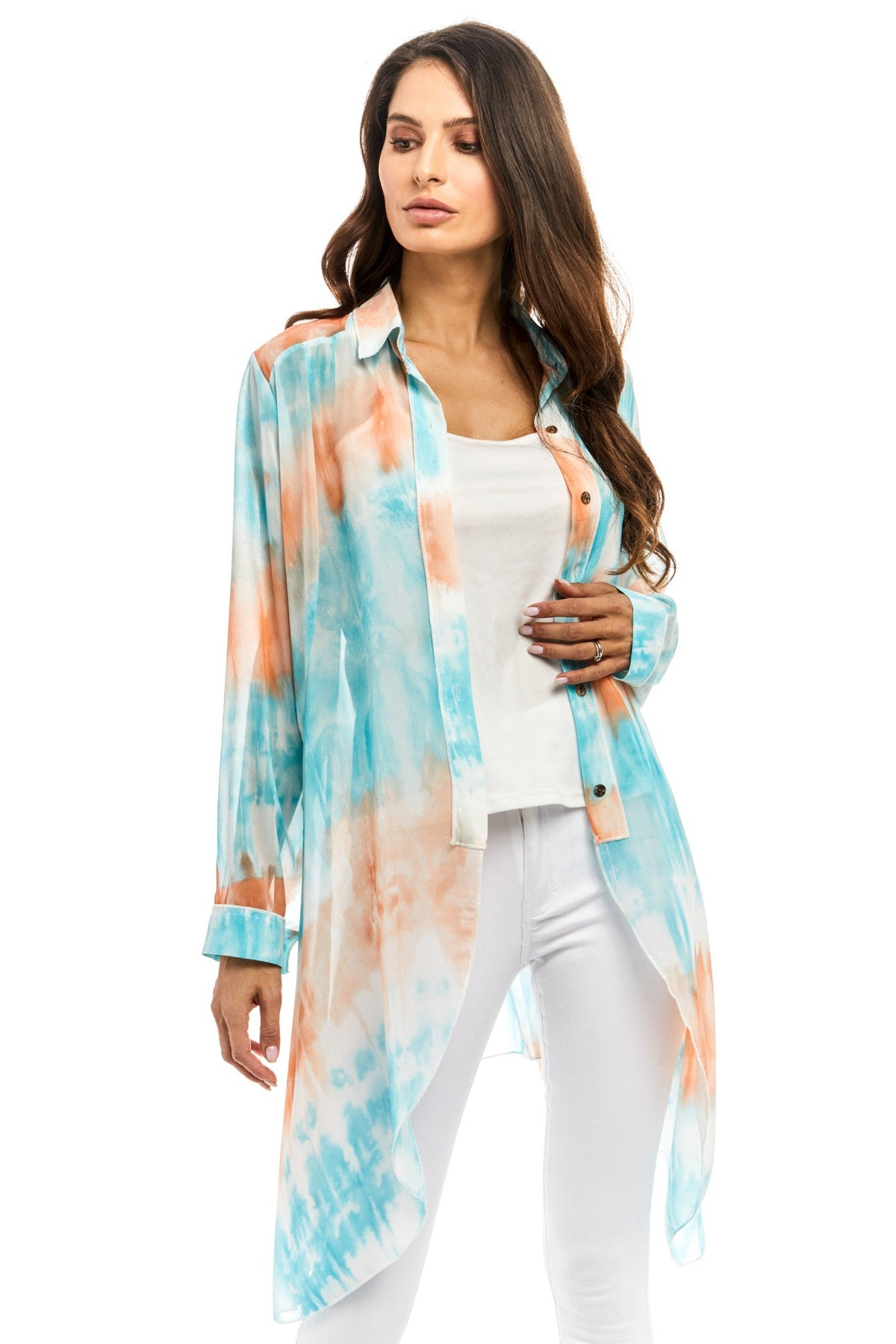 Adore Sheer Button Down Duster In A Watercolor Mix Of Orange And Blue-Tops-Adore-Deja Nu Boutique, Women's Fashion Boutique in Lampasas, Texas