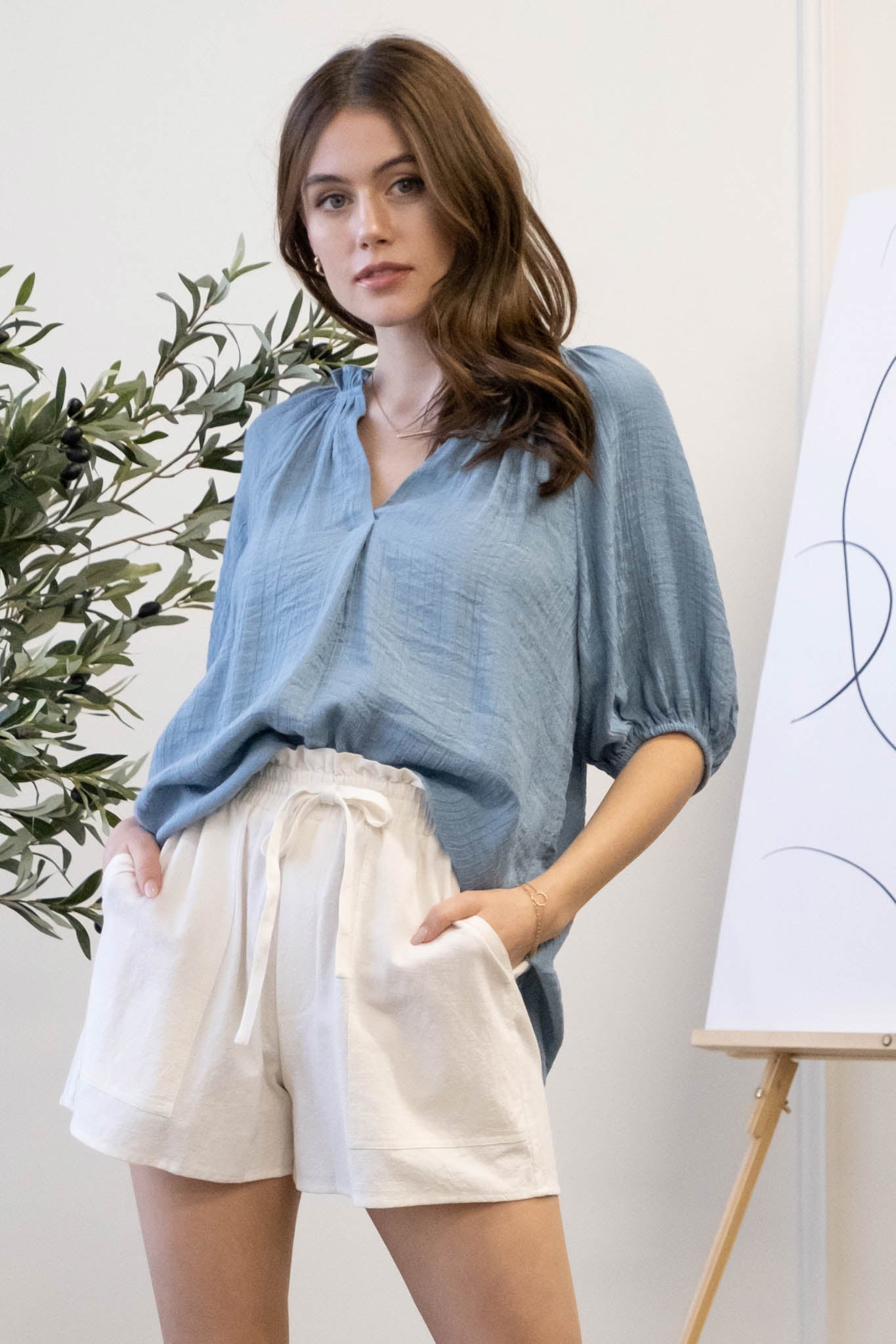 Blu pepper Bohemian V Neck Blouse With Three Fourths Sleeves In Teal-Short Sleeves-Blu Pepper-Deja Nu Boutique, Women's Fashion Boutique in Lampasas, Texas