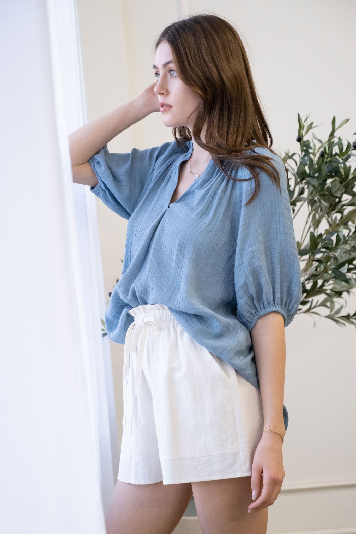 Blu pepper Bohemian V Neck Blouse With Three Fourths Sleeves In Teal-Short Sleeves-Blu Pepper-Deja Nu Boutique, Women's Fashion Boutique in Lampasas, Texas