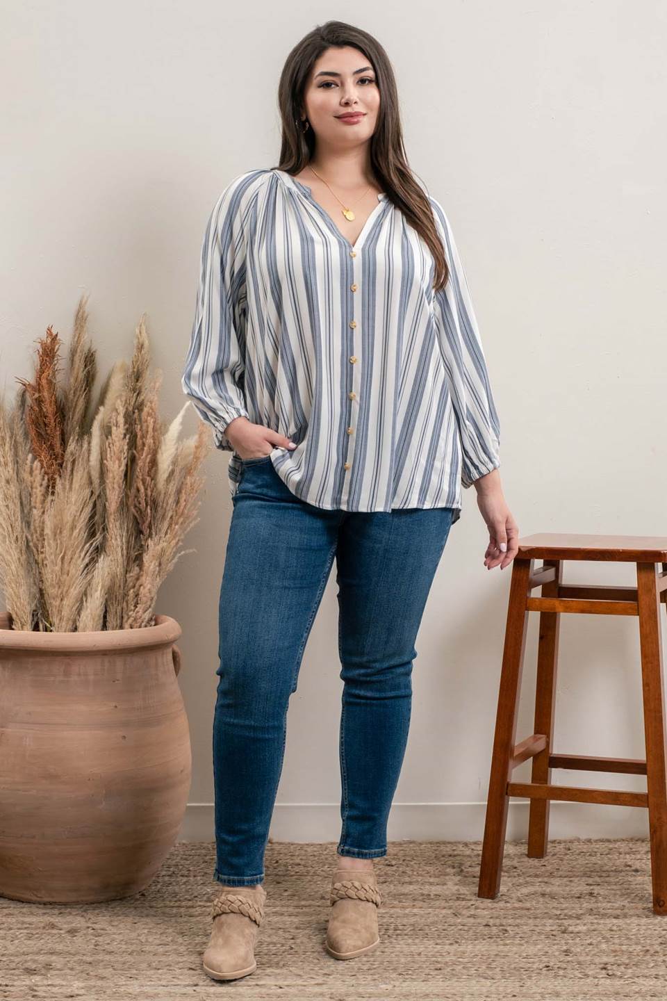 Blu pepper Navy Striped Three Fourth Sleeve Top Plus-Curvy/Plus Tops-Blu Pepper-Deja Nu Boutique, Women's Fashion Boutique in Lampasas, Texas