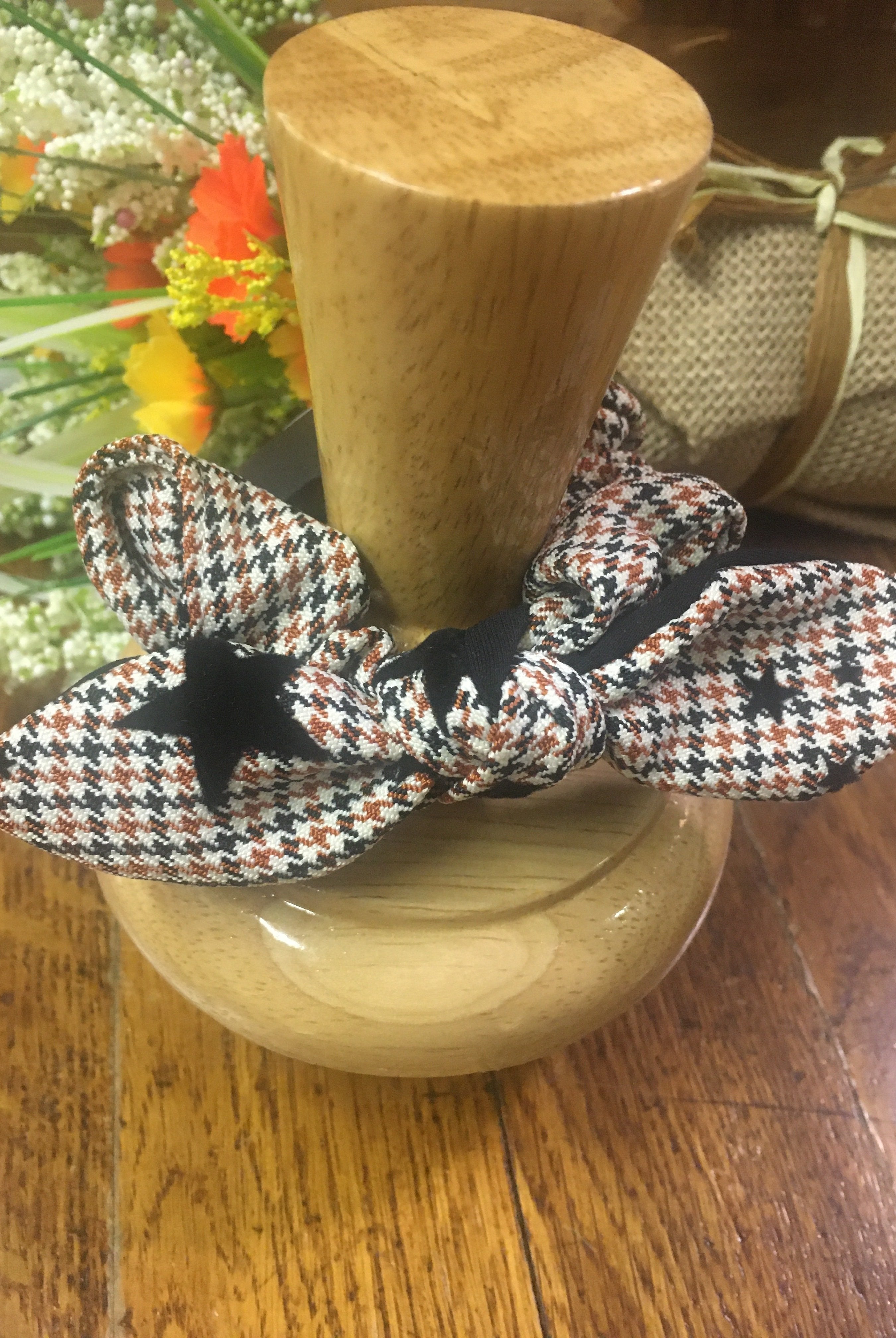 Brown Plaid Scrunchie With Center Bow And Stars-Scrunchies & Headbands-Deja Nu Tx-Deja Nu Boutique, Women's Fashion Boutique in Lampasas, Texas