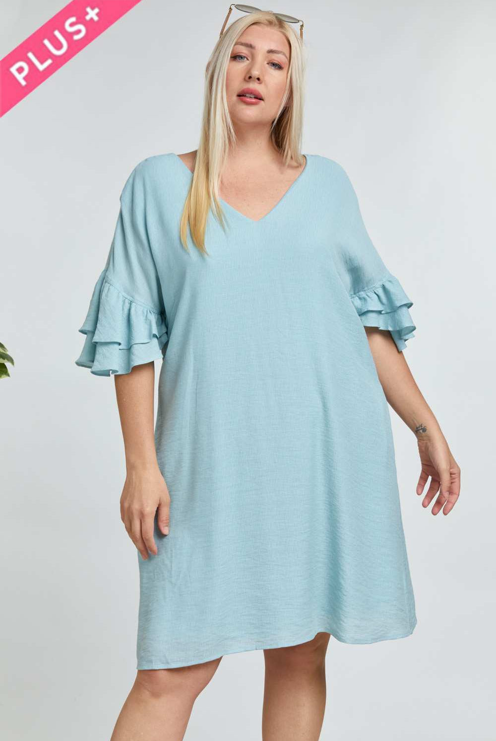 Davi And Dani Blue Open Back Ruffle Sleeve Plus Dress-Curvy/Plus Dresses-Davi and Dani-Deja Nu Boutique, Women's Fashion Boutique in Lampasas, Texas