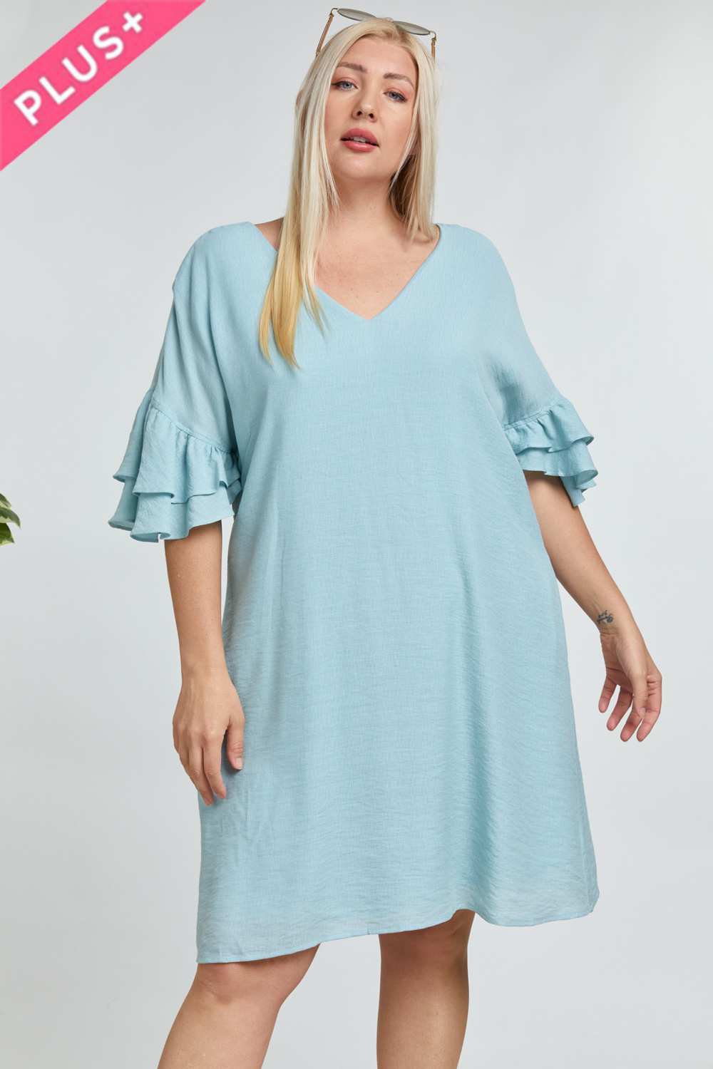 Davi And Dani Blue Open Back Ruffle Sleeve Plus Dress-Curvy/Plus Dresses-Davi and Dani-Deja Nu Boutique, Women's Fashion Boutique in Lampasas, Texas